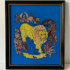 Vintage Handmade Lion Artwork Leo Zodiac Shimmering Foil Paper Collage Framed